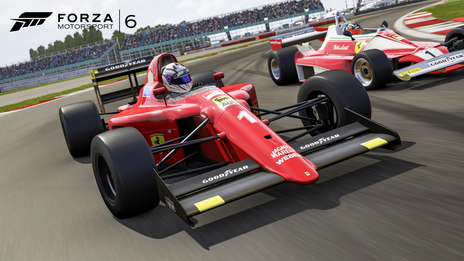 Two classic Ferrari Formula 1 cars racing in Forza Motorsport 6