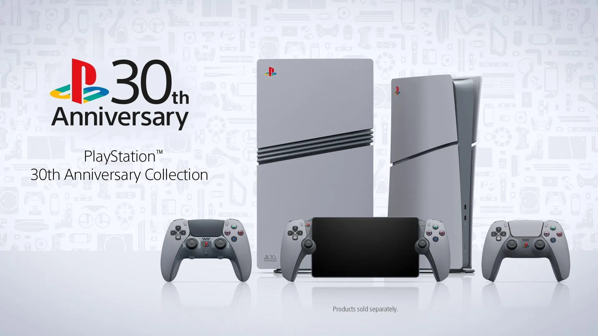 Grey PS5 consoles, a PlayStation Portal and DualSense controllers from the PlayStation 30th Anniversary Collection